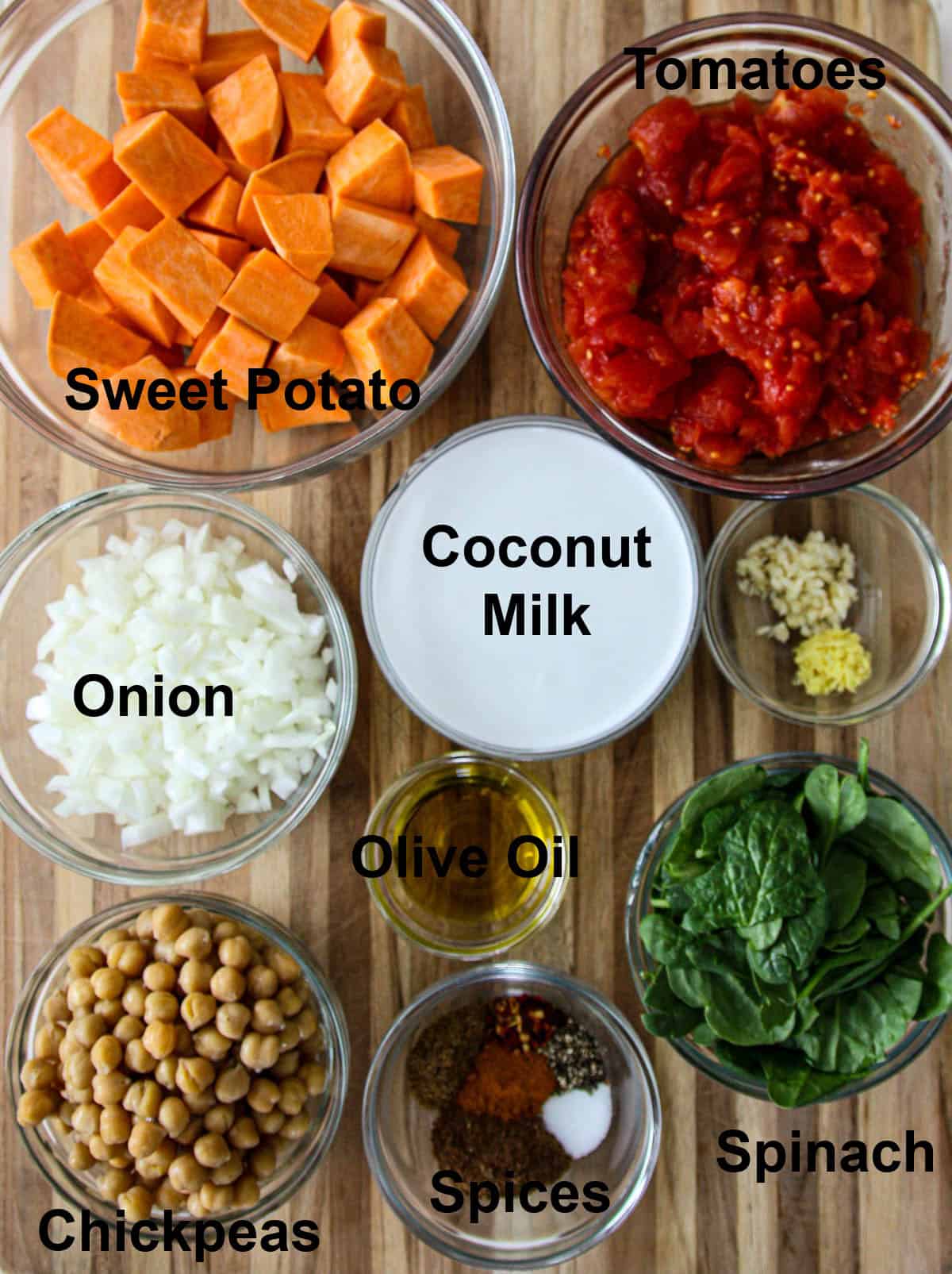 The ingredients for making this recipe in glass bowls.