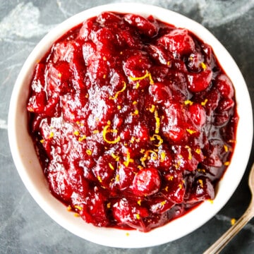 Grand marnier cranberry sauce in a white dish.
