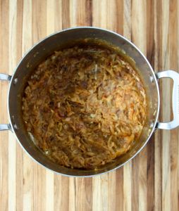 Caramelized onions in a stockpot.