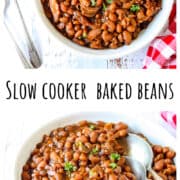 Baked beans in a white bowl with a silver spoon.