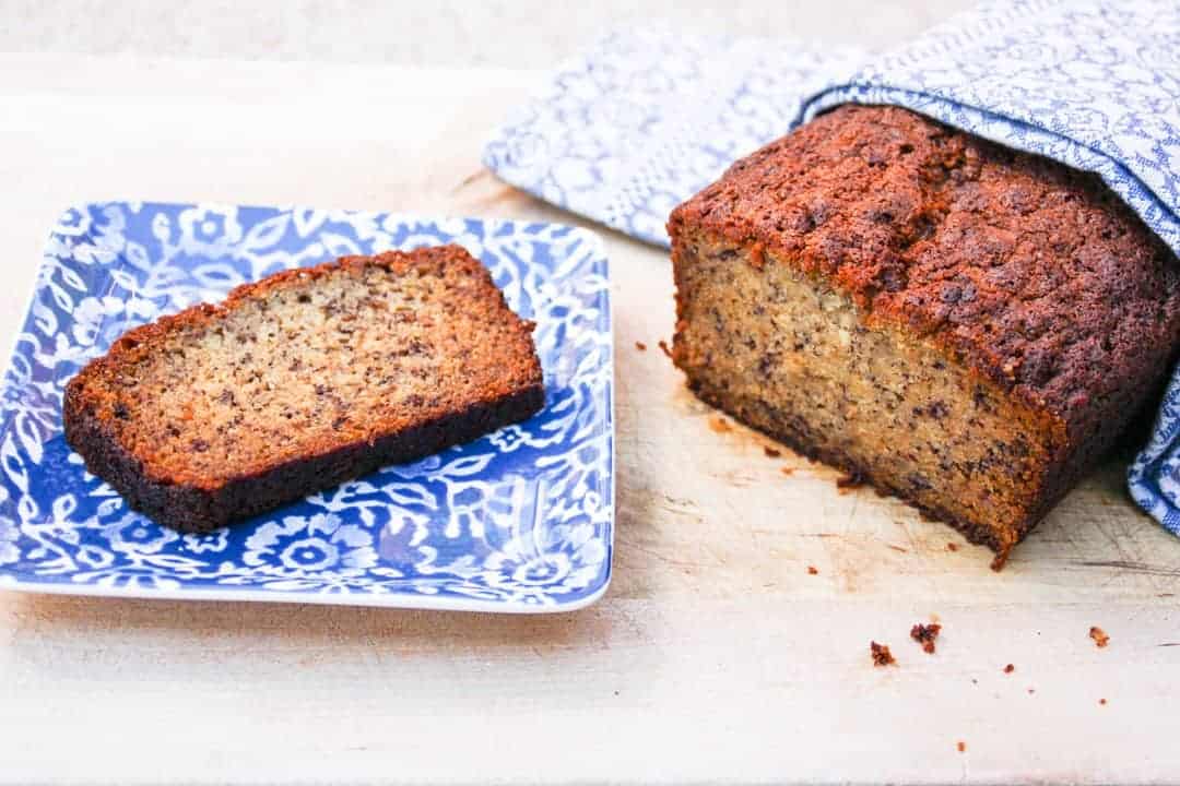 A piece of cake on a plate, with Banana bread