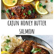 Fillets of Cajun honey butter salmon on a baking sheet.