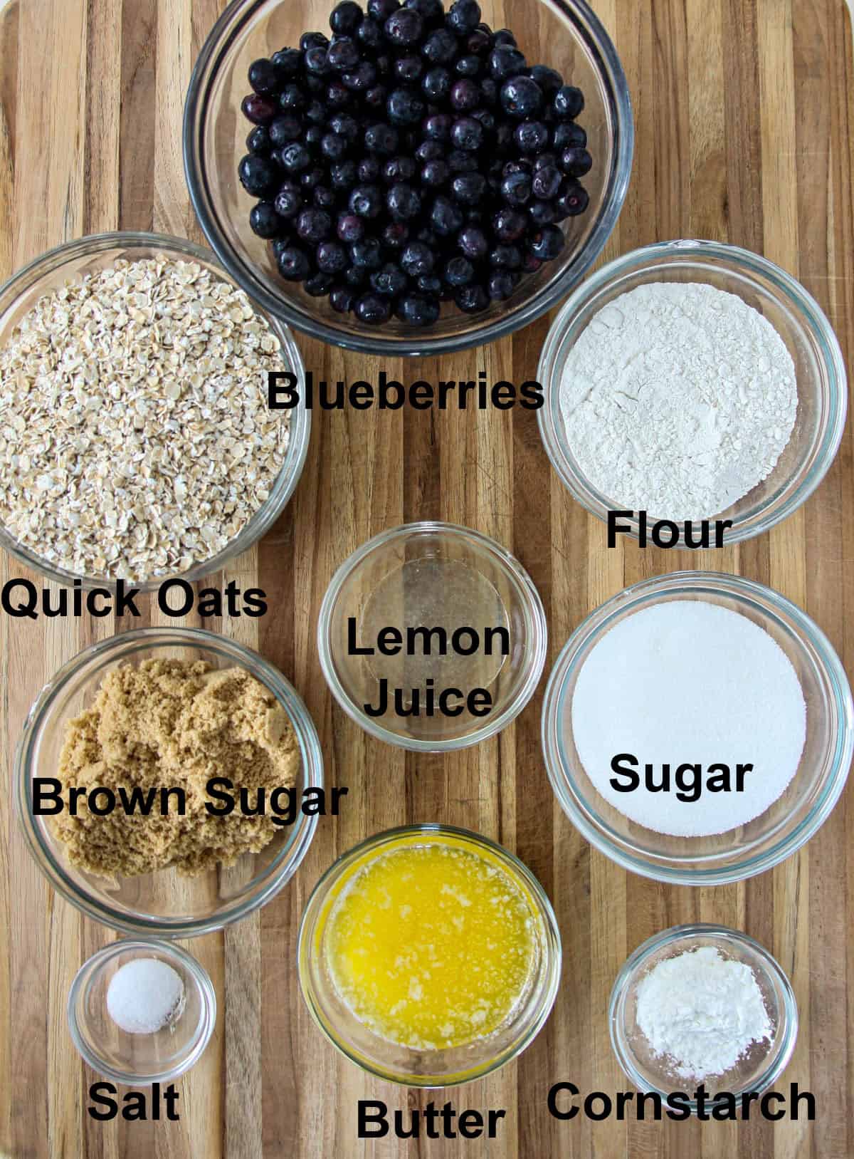 The ingredients for making this recipe in glass bowls.
