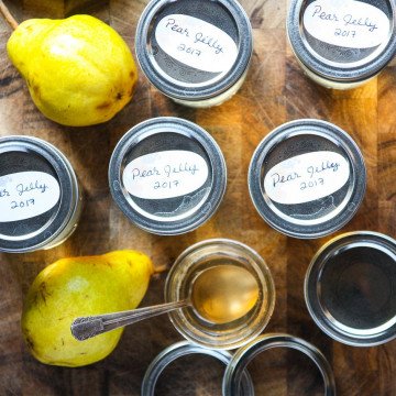 Jars of jelly, with pears