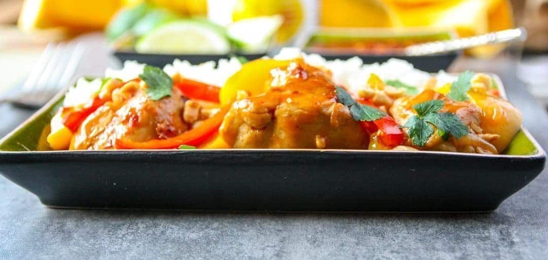 A plate of food on a plate, with Peach and Chicken