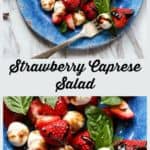 Two photos of salad in blue plate with fork, with text overlay on top.