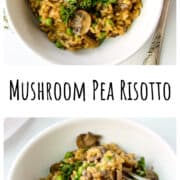 Mushroom risotto with peas in a white bowl with a silver fork.