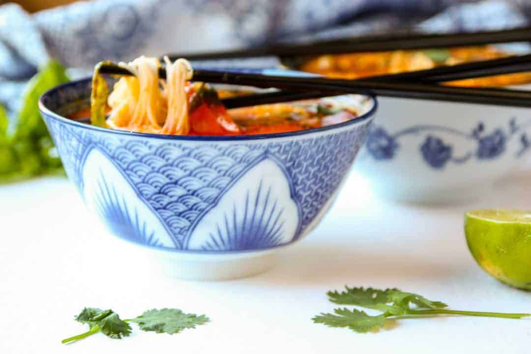 A bowl of soup on a table