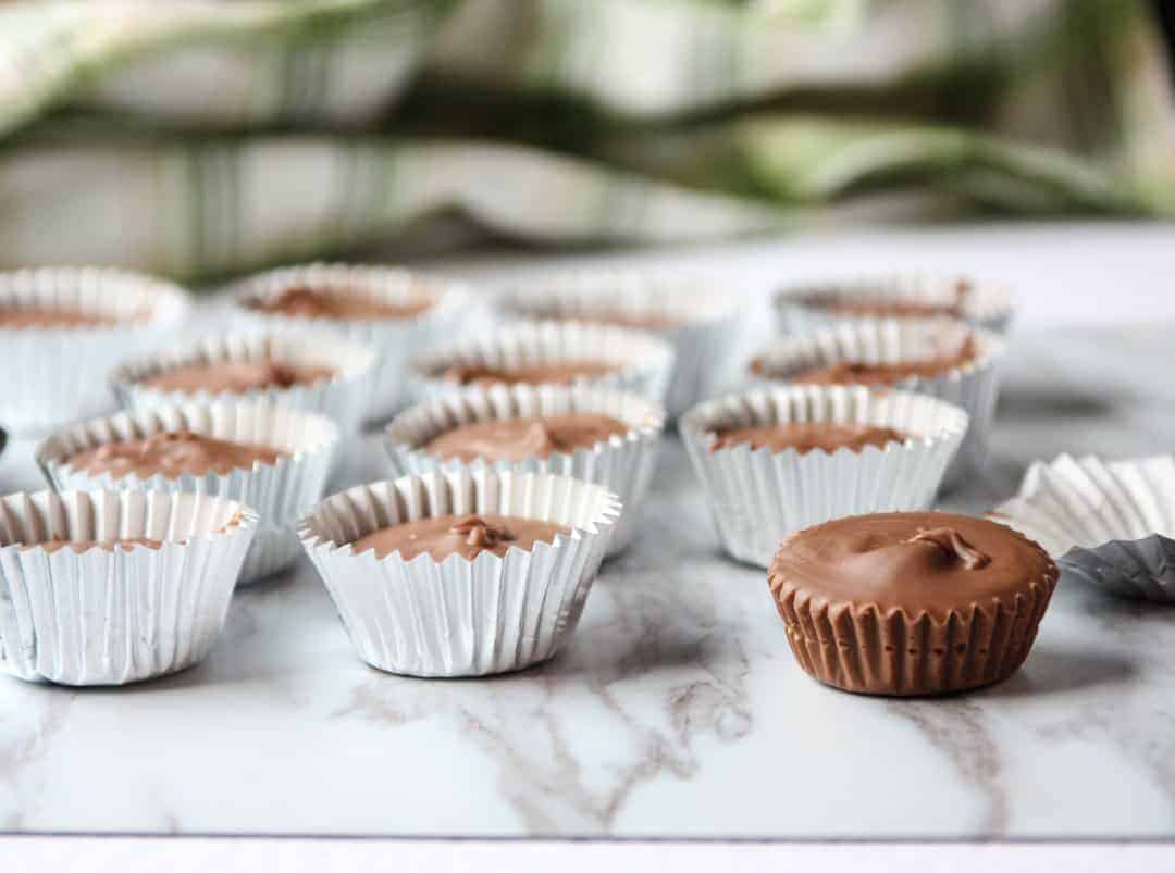 Close up of Peanut butter cups on a counter top