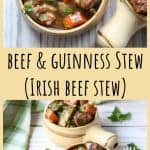 Close up shot of a bowl of beef stew with a fork in it.