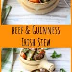 Two clay bowls full of Irish stew on a whitewashed table.