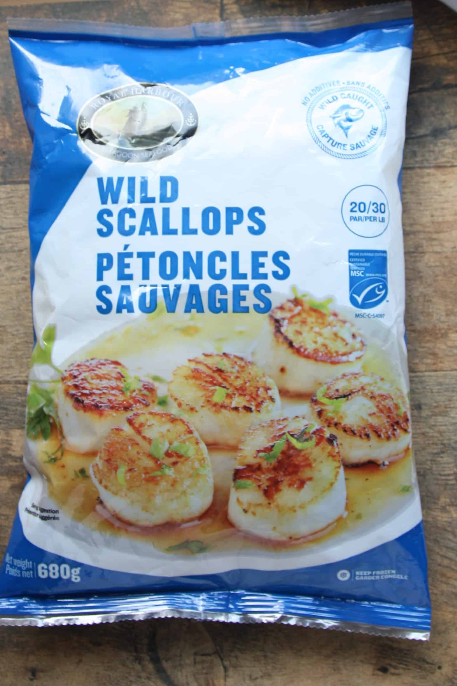 A bag of frozen scallops