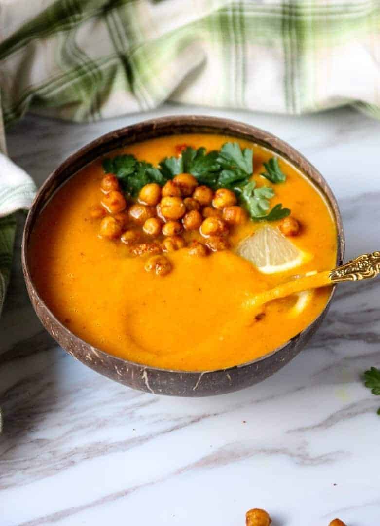 A bowl of soup on a table
