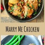 Chicken in a creamy mushroom sauce on a black plate with green beans.