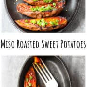 Roasted sweet potato halves on a black plate.