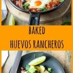 Baked mexican eggs in skillet and on round black plate with text overlay.