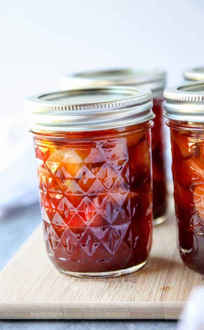 glass jar of rhubarb pickles