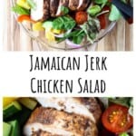 Slices of grilled jerk chicken on salad.