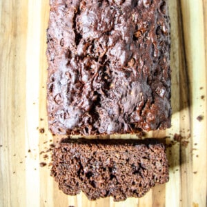 A loaf of gluten-free chocolate zucchini bread.