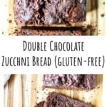 Chocolate zucchini bread in slices on a cutting board.