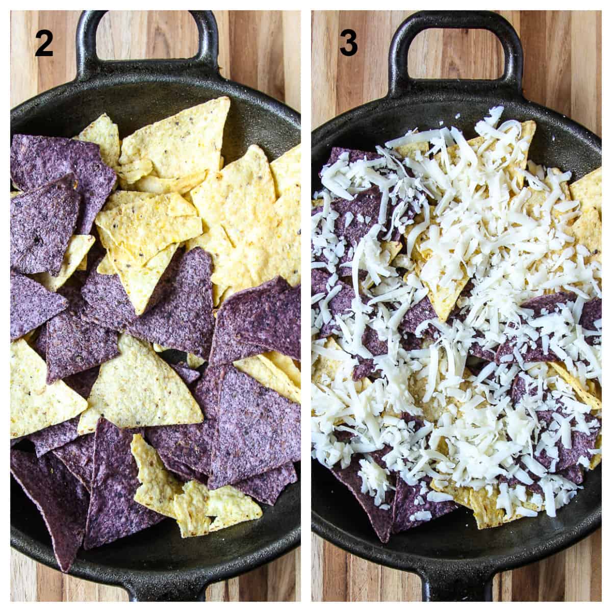 Building the nachos, adding a layer of chips to the pan, then cheese.