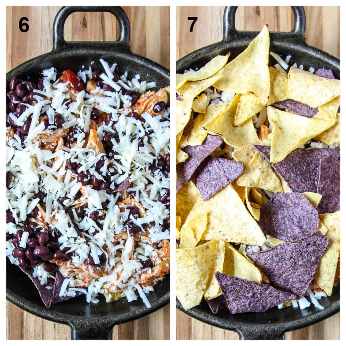 Adding another layer of cheese and then another layer of chips.