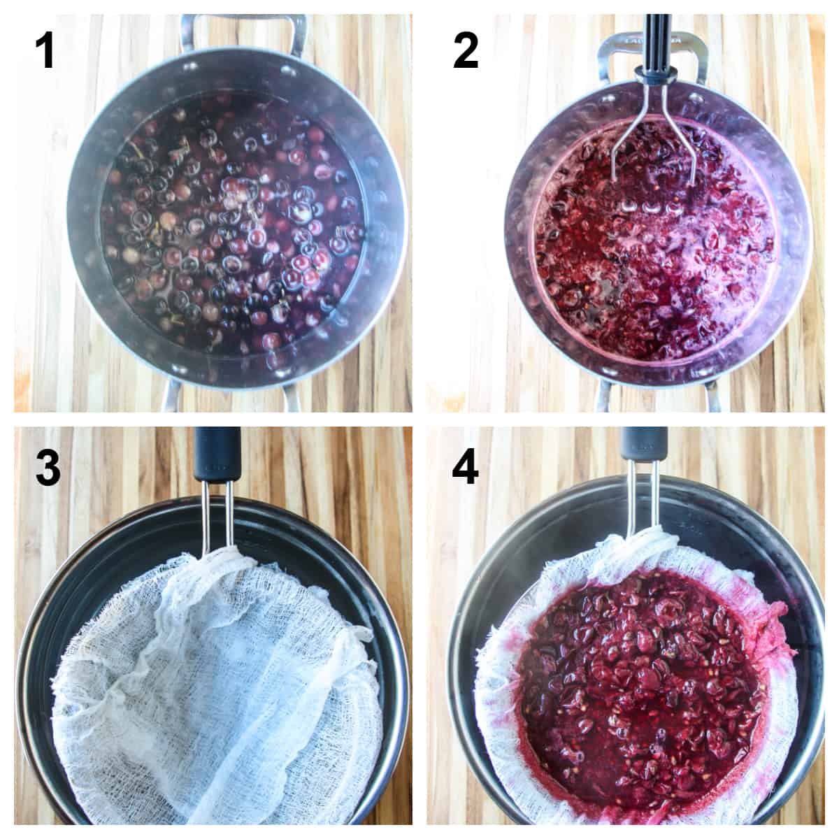 Extracting juice from grapes for jelly.