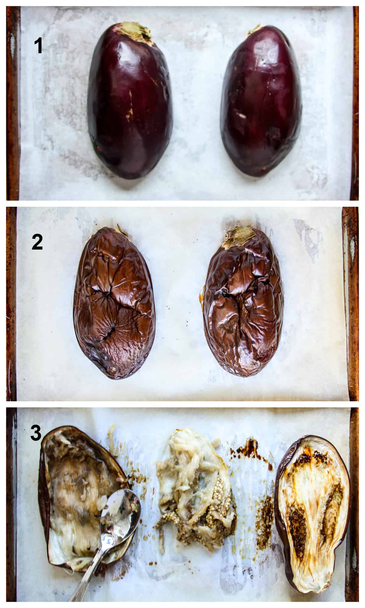 The process of roasting the eggplant and removing the flesh from the skin.