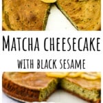 A slice of matcha cheesecake on a white plate.