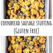 Gluten frr cornbread stuffing being scooped from a pan with a spoon.