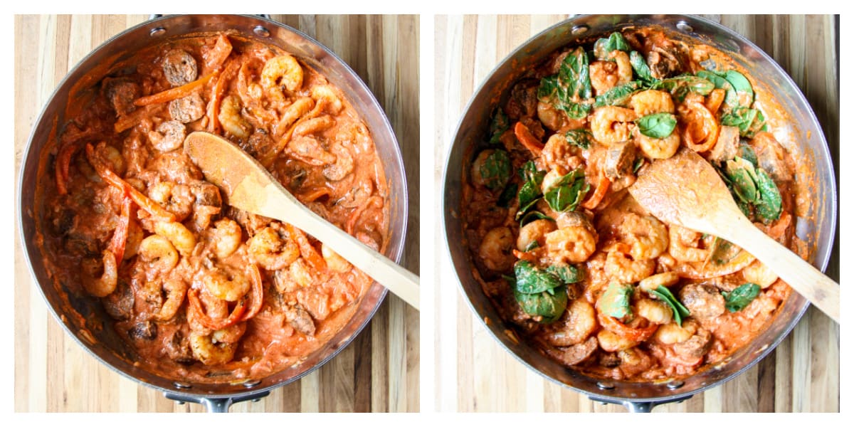 Shrimp and spinach being added to the pan.