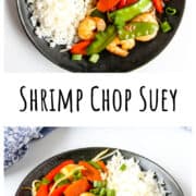 Chop suey and rice on a black plate