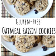 Gluten free oatmeal raisin cookies on a white plate.