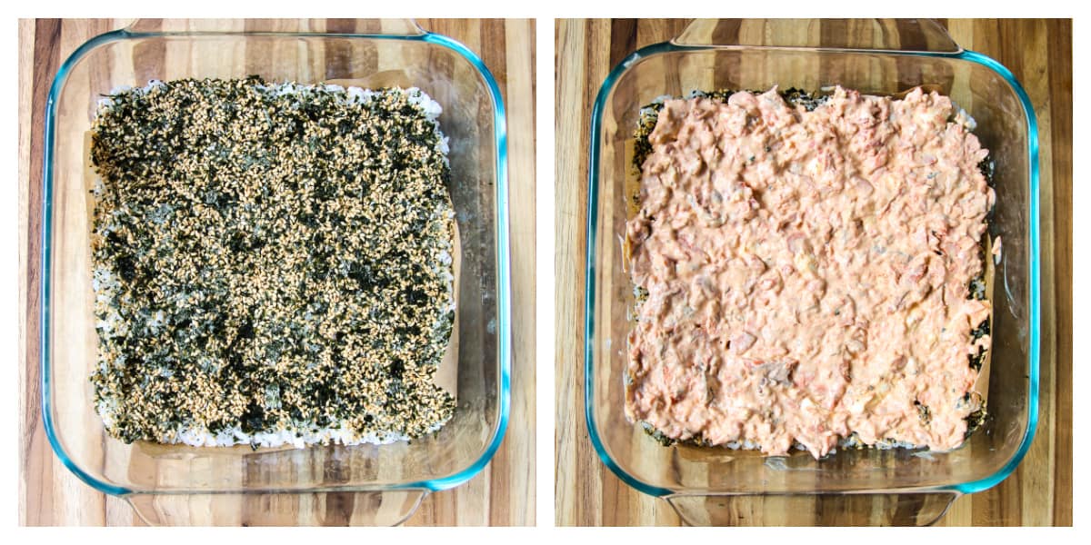 Furikake seasoning, and then salmon mixture being layered on top of the sushi rice in casserole dish.