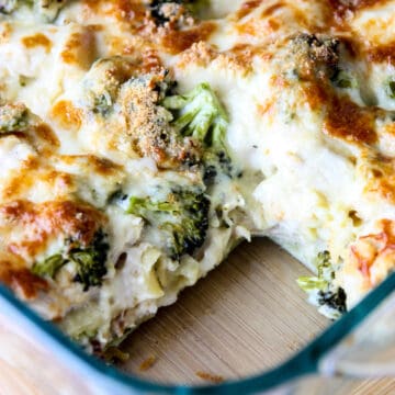 Chicken and broccoli lasagna in a glass baking dish.