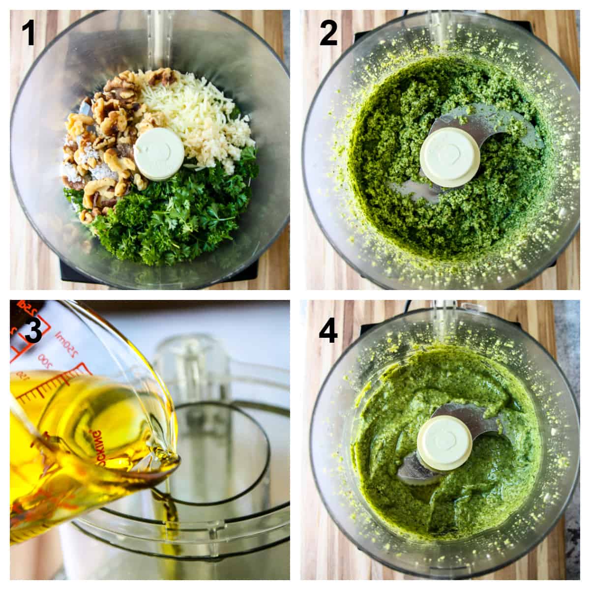 Agroup of four photos showing how to make parsley pesto step by step.
