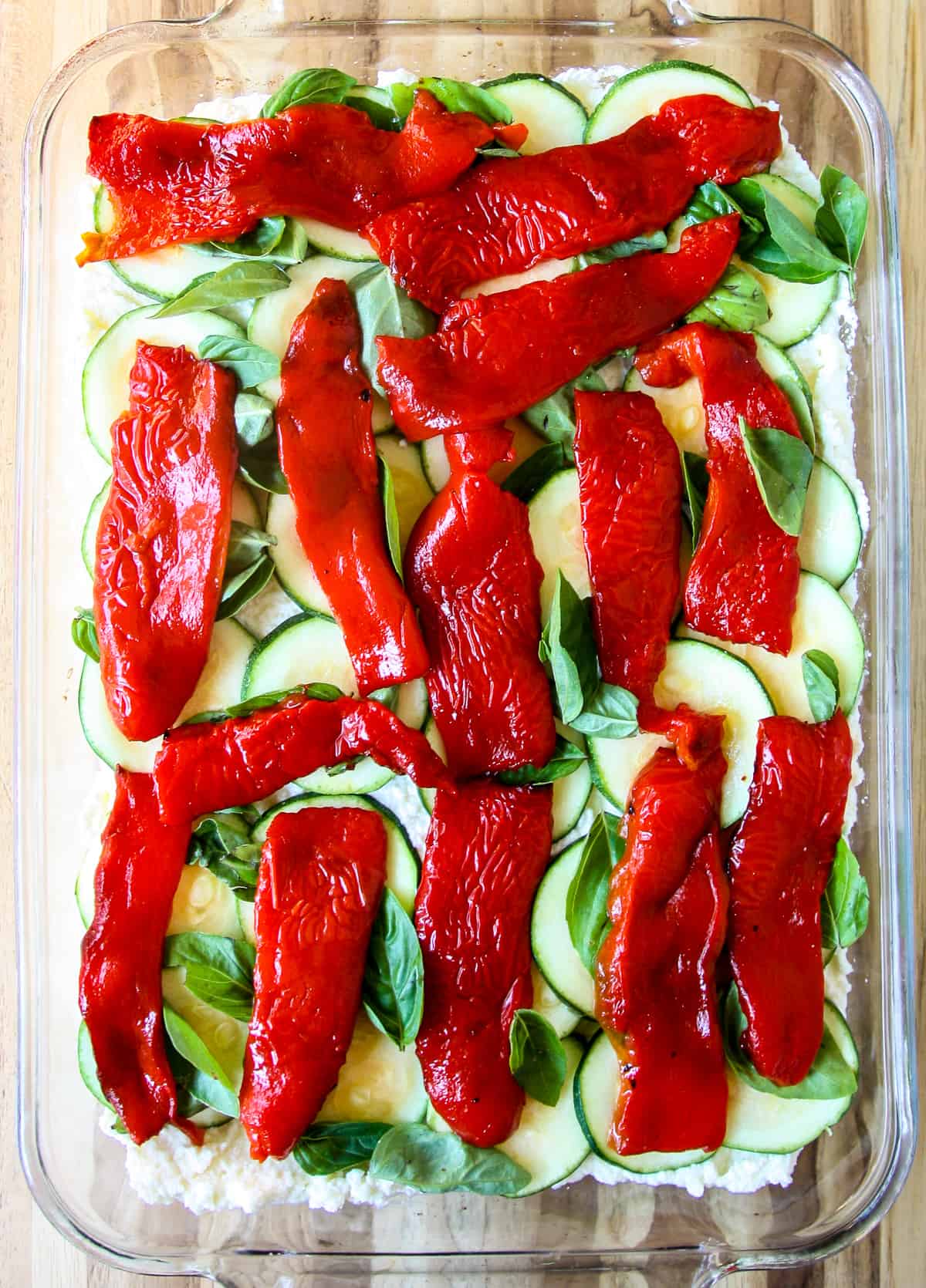 A layer of roasted red pepper slices.