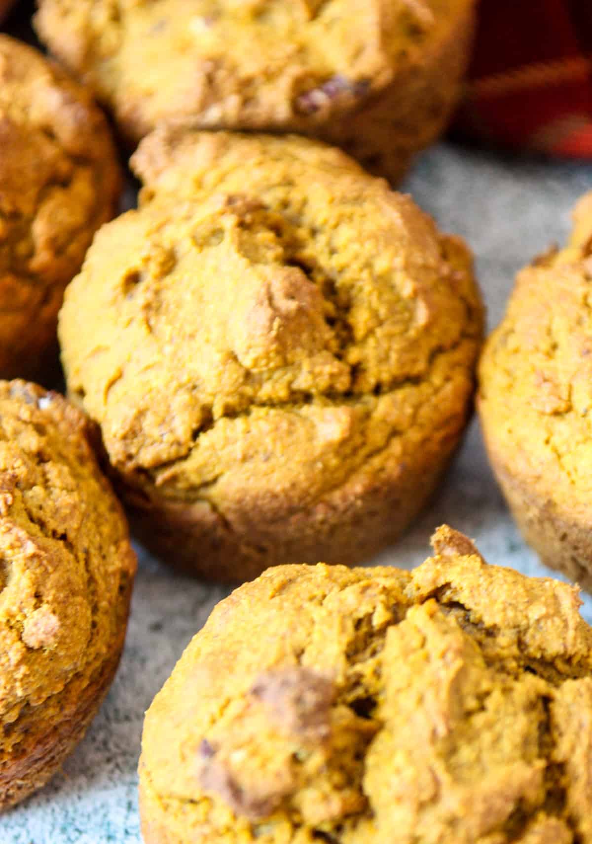 Baked oat flour pumpkin muffins ready to eat.