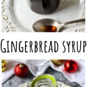 Gingerbread syrup in a jar on a white plate.
