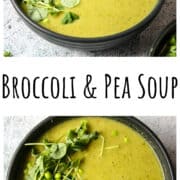 Pea and broccoli soup, garnished with fresh peas and pea shoots.