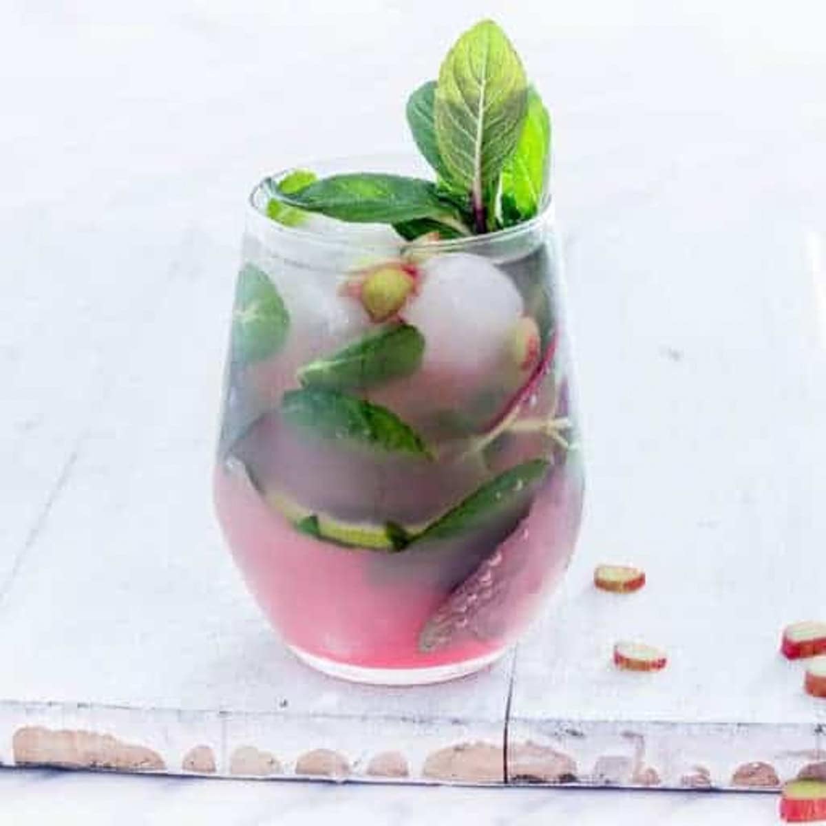 A rhubarb mojito cocktail in a glass with mint sprigs.