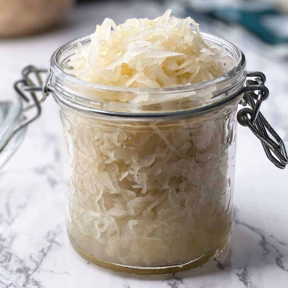 Sauerkraut in a glass jar.