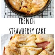 A baked French strawberry cake in a round black cake pan.