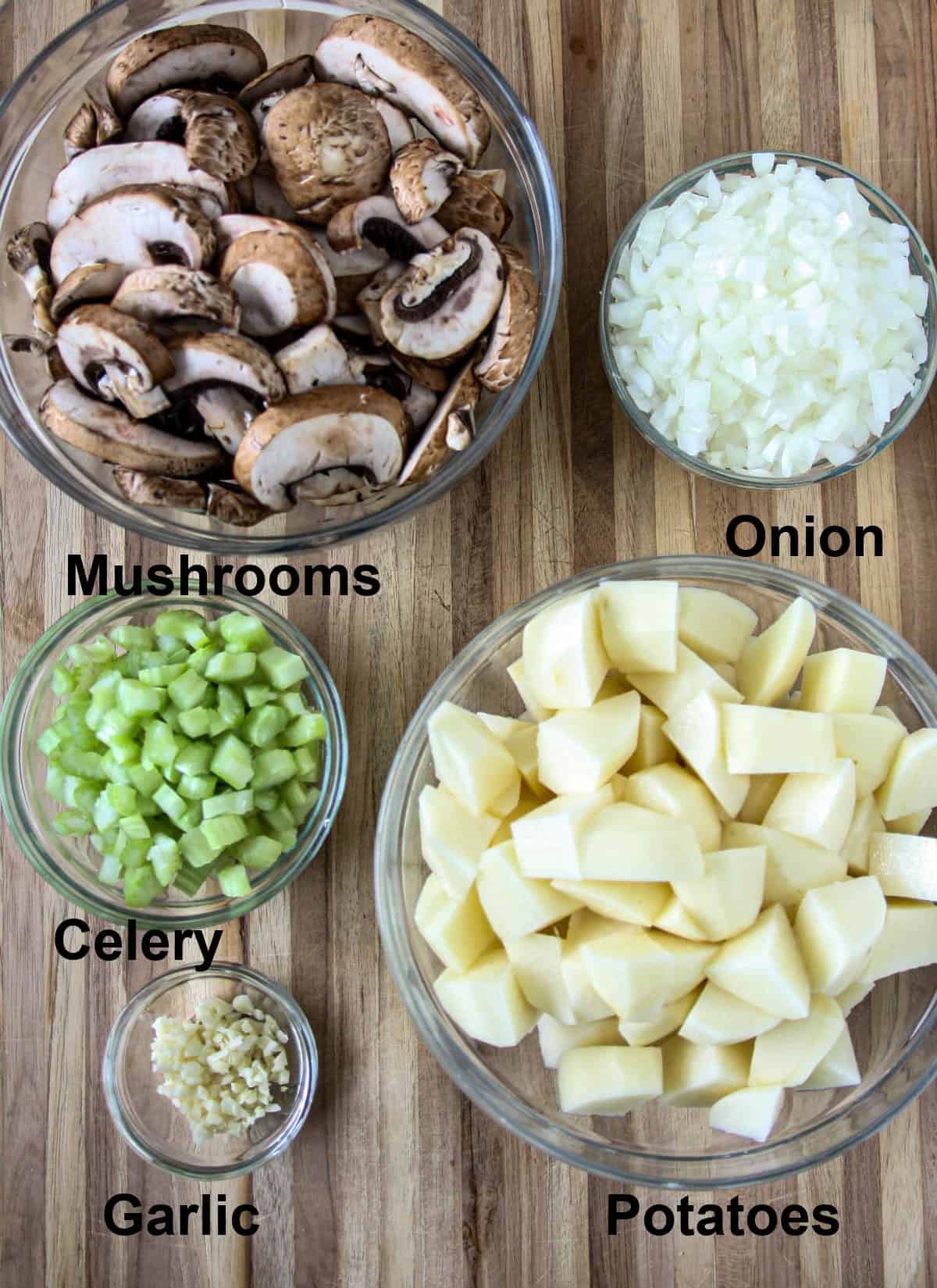 Some of the ingredients for this recipe in glass bowls.