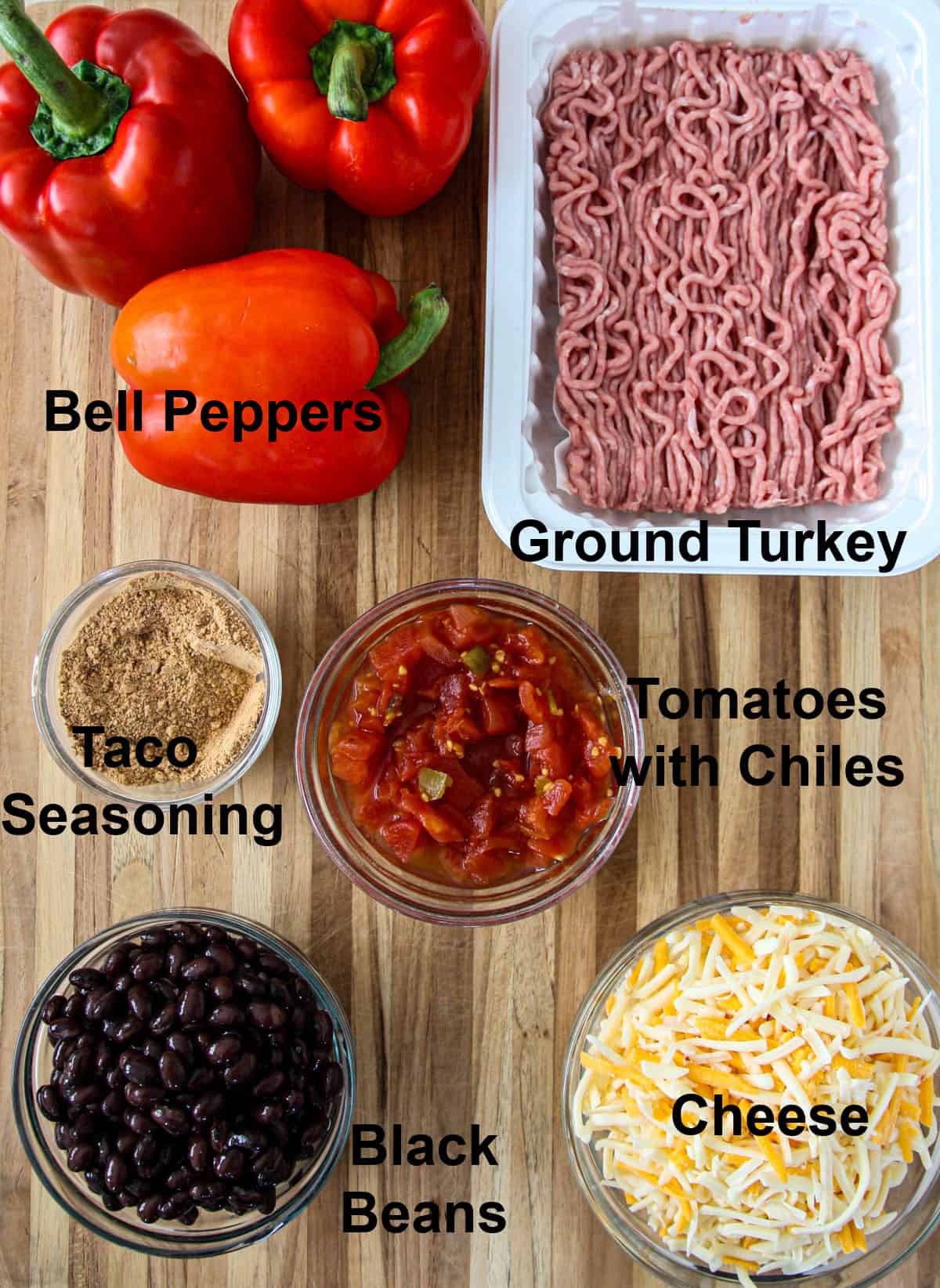 The ingredients for this recipe on a wood cutting board.