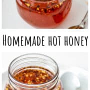 Two jars of hot honey sauce and a silver spoon.